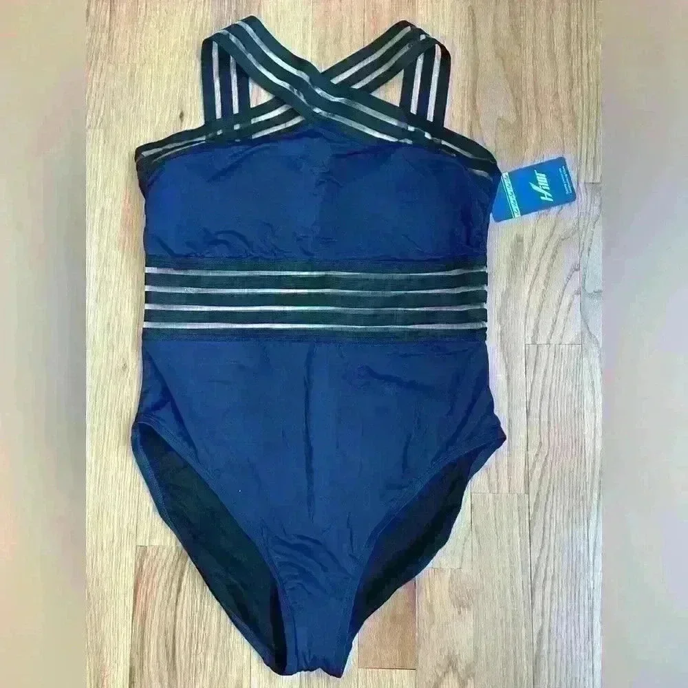 NWT Hilor navy blue Front Crossover One Piece Swimsuit Women’s Large Size 10-12